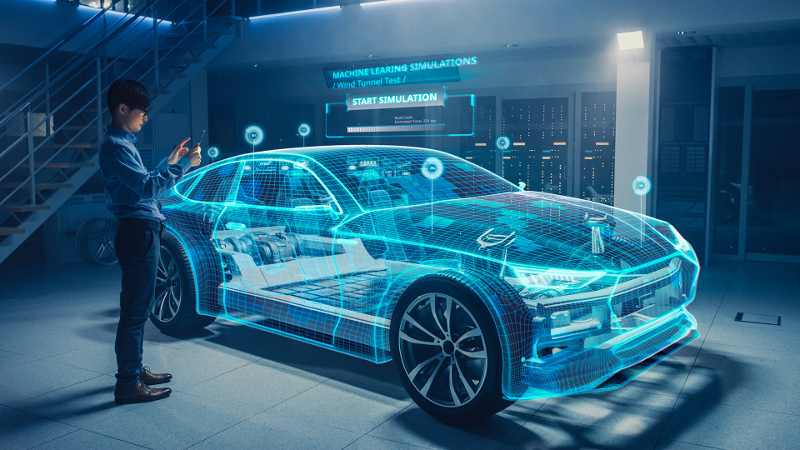 A man standing by a holographic blueprint of a car to demonstrate the design portion of the student development metaphor.